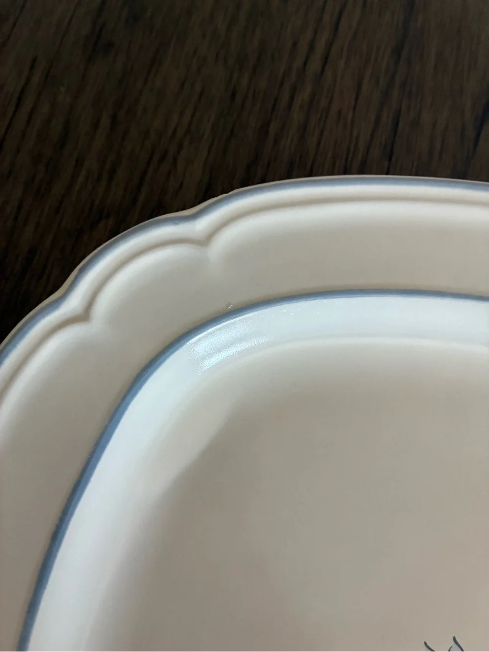 Cream Ceramic Serving Platter with Blue Rim and Orange Floral Accent